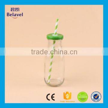 High Quality Glass Juice Bottle Glass Milk Bottles With Metal Lids Straw