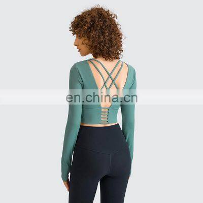 Customized Backless Built In Bra Yoga Crop Top Padded Gym Sportswear Training Workout Fitness Outwear For Women