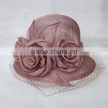 Round Top Sinamay Church Hat With 2 Flowers Decoration-Grey