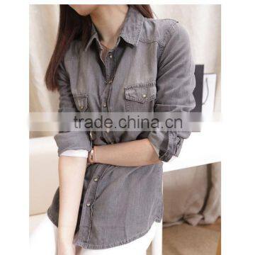 ladies cotton polo collar shirt solid color long sleeve jean blouse