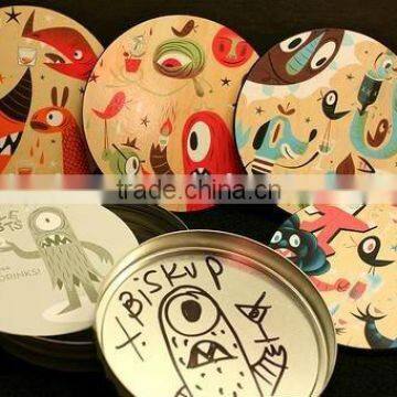 round tin cup coaster with colorful printing