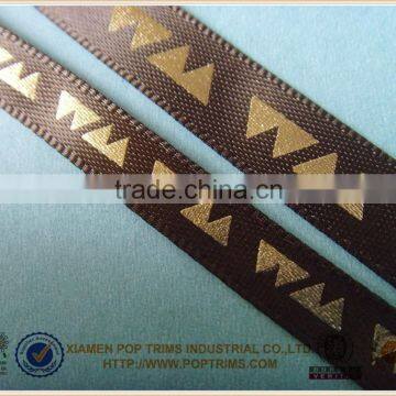 7mm shiny gold foil printing brown satin ribbon