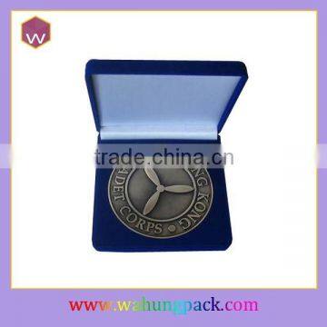 Wholesale cheap blue flocking coin medal gift box