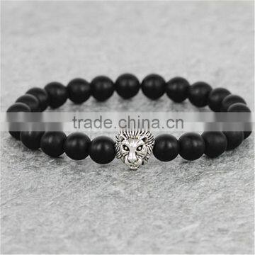 KJL-0004 8MM Natural Black Matte Agate Stone Beads Men Stretch Bracelet,Silver Lion Head Bracelet,2015Yoga Jewelry