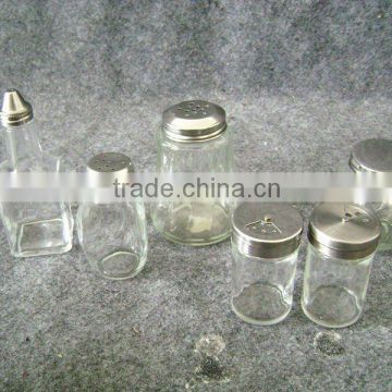 glass spice jar with metal lid, salt and sugar