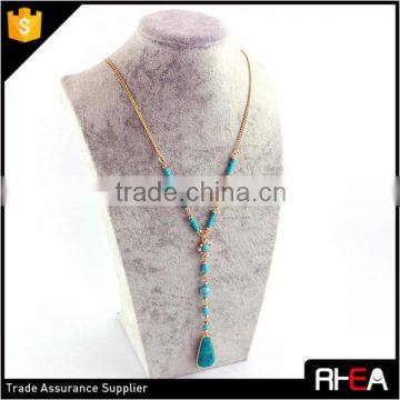 Turquoise Beads Stone Long Necklace,Delicate Handmade Turquoise Pendant Gold Chain Necklace