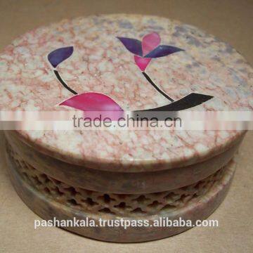 Round Soapstone Inlay Carving Jewellery Box