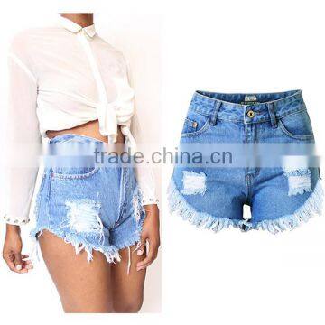 Wholesale 2016 Summer Fashion Women Damaged Hot Denim Pants Ladies Sexy Blue High Waist Tassel Fringed Ripped Short Jeans