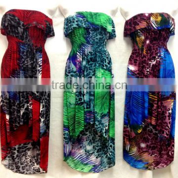 Wholesale Leopard Printed High Low Ruffle Dresses red green purple brown