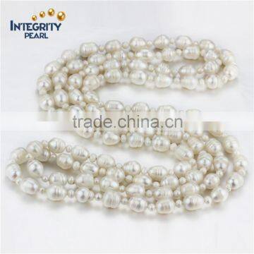 Multi-size 4&10mm rice and potato long necklace 60 inches rice pearl necklace design