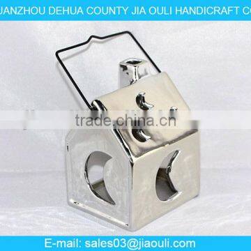 ceramic plating silver house shape small hurricane lamp, candle lantern