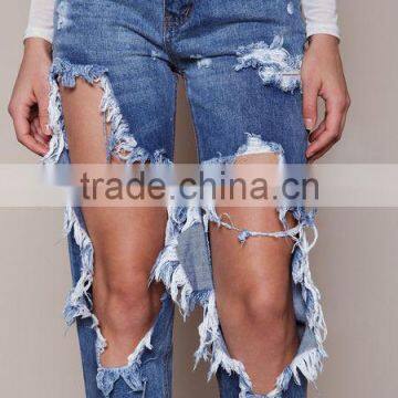 MGOO High Quality Tore Up Knee Women Blue Color Jeans Cotton Baggies In Fold Pants 2016 photo-3
