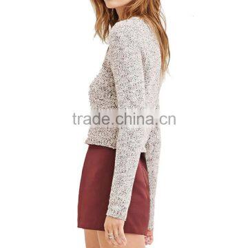 Marled Short Body Rib-knit Cuffs Long Sleeve Pullover Cotton Knit Sweater photo-2