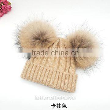 Stylish Kids Double Balls Winter Warm Wholesale Beanie Hats With Raccoon Fur Ball photo-2