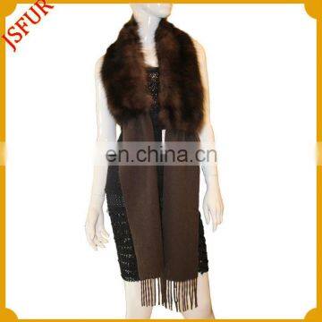 Ladies wool knitted scarf with genuine fox fur trimed women scarf