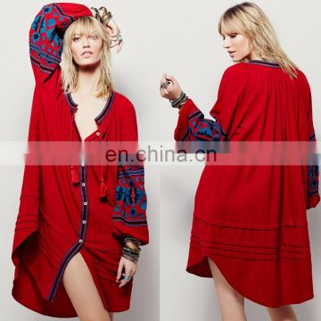 High quality balloon sleeve ladies embroidery tunic dress designs