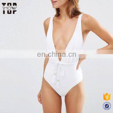 Swimwear manufacturer wholesale white plain rope waist deep plunge one piece swimsuit sexy