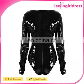 High quality 2016 black zipper front faux leather cheap womenbodysuits long sleeve bodysuit