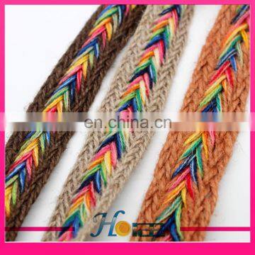 wholesale 2.5cm width jute webbing cord rainbow color braided jute webbing rope for shoe and bag