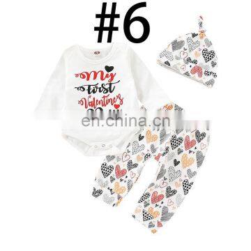 "My First Valentine's Day" 2019 White Kids Valentine Rompers Outfits & Pants & Hat 3pcs Set photo-2