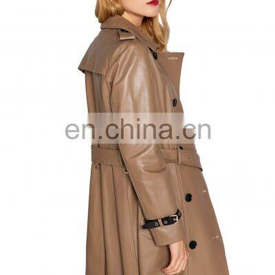 Women Lambskin Leather Double Breasted Long Jacket Coat With Belt photo-4