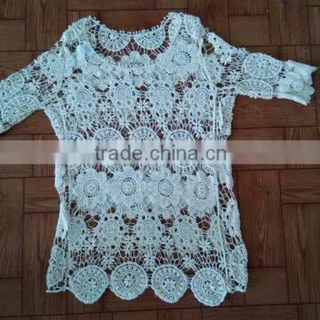 Ladies TOPS Hot Cotton Embroidery Lace Fabric Vest for Women Three Quarter Sleeve photo-2