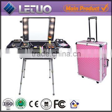 Professional Black/Pink Aluminum Makeup Case With Lights,Easy Carrying Aluminum Lights Case With Mirror