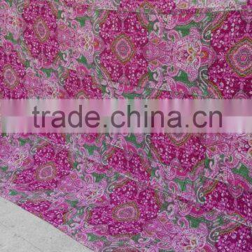 Cotton Pink Green Printed Patch Work and Kantha Work Bed Cover