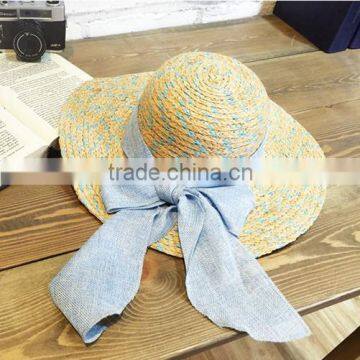 Women character brimmed straw hat with bowknot summer beach cap