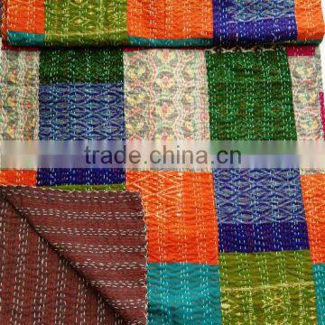 Multi color bright lively colors vintage patola silk sari patchwork quilt bed cover throw