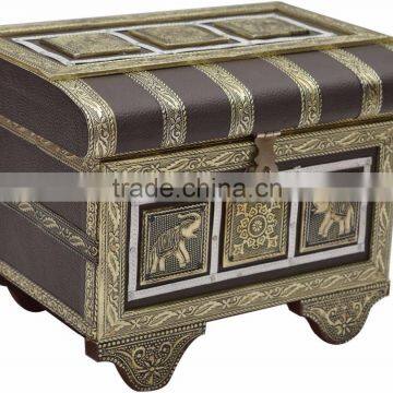 ROYAL TREASURE CHEST (RAJWADI PITARA) STYLE, ARTIFICIAL LEATHER FINISH, WOODEN HANDMADE JEWELLERY BOX (9"x6"x7" INCH) DARK BROWN