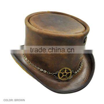 2 TONES PULL-UP CRAZY HORSE COWHIDE LEATHER "STEAMPUNK" TOP HAT photo-4