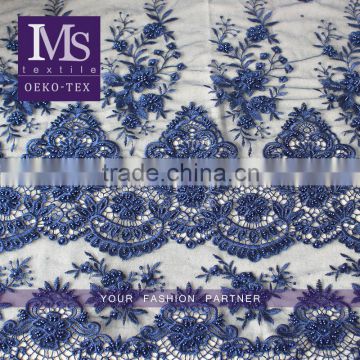 Fashional Design Elegant Embroidered Beaded Navy Blue Lace Fabric for Dress