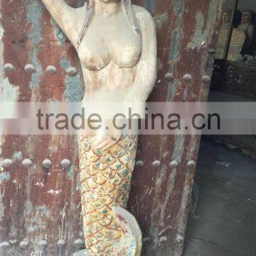 Hand made wooden carving mermaid, antique imitation wooden mermaid statue