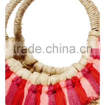 Red and Pink Tassels Pompom Vietnam Water Hyacinth Beach Bag photo-2