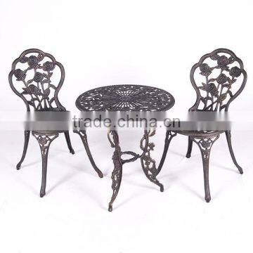 Customized cast Aluminum garden metal bistro set bronze rose carving metallic table and chair for hot sale