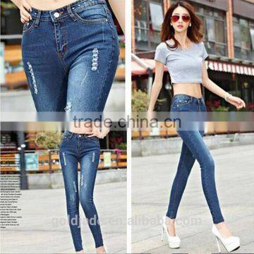 Unique design fashion denim jeans for women blue cotton slim jeans