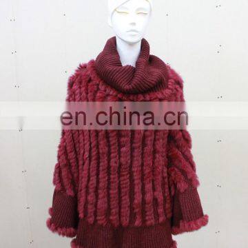 Grace Ladies Wine Red Rabbit Fur Knitted Cloak New Collection Knitting Sweater Shawl Marvelous Knit Fur Cape Poncho