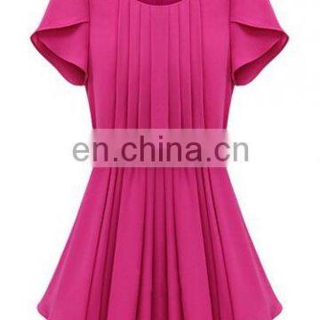 lady round neck short sleeves fashion chiffon plain pleasted dress women