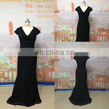 Real photo!Formal v neck long chiffon court train women evening dress black JED080