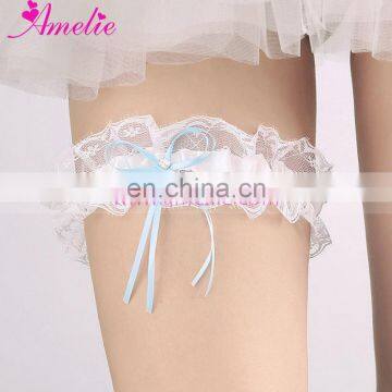 Romantic Marriage Ceremony Vintage Lace Satin Garter With Baby Blue Ribbon Bow Decorative Rhinestone Wedding Garters Accessories