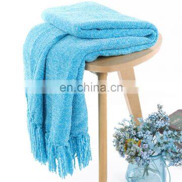 100%Polyester Soft Blue Chenille Blanket Throw With Fringe for Home Bed Sofa Couch Chair photo-3
