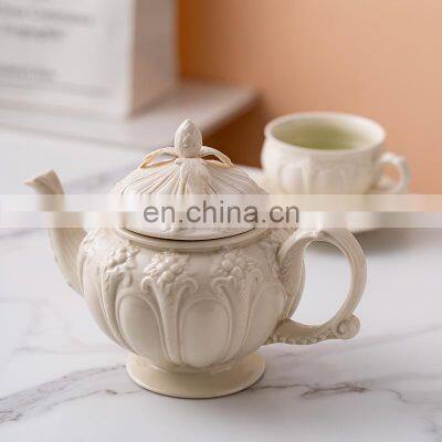 English Luxury Embossed European Style Ceramic Porcelain Tea and Coffee Cup Pot Gift Set photo-5
