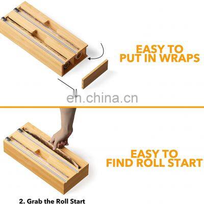 Wrap Dispenser With Cutter and Labels Plastic Wrap Aluminum Foil and Wax Paper Dispenser for Kitchen Drawer Bamboo Roll Organize photo-4