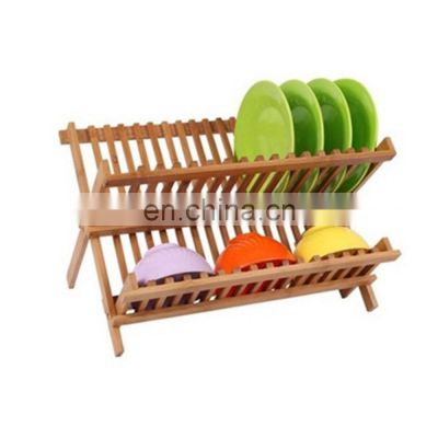 Wooden 2-Tier Dish Drainer Kitchen Plate Rack for Kitchen Countertop Bamboo Collapsible Dish Drying Rack