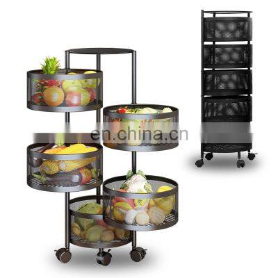 Round Rotating Kitchen Organizer Shelf Fruit Vegetable Floor 4 Tiers Black Household Storage Rack Basket Trolley Cart