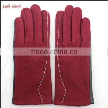 ladies simple red woolen and beautiful women PU hand gloves