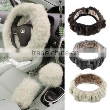 Charm Warm Long Wool Fur Plush car Steering Wheel Cover woolen Car Handbrake Accessory