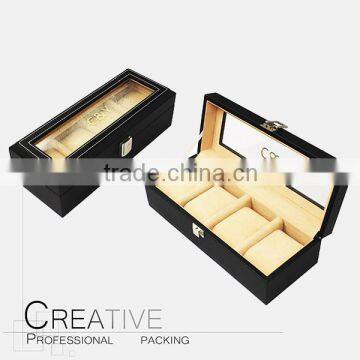 New Men Wrist Watch Display Storage Organizer Box Container 5 Cell Black Leather Glass Top Box