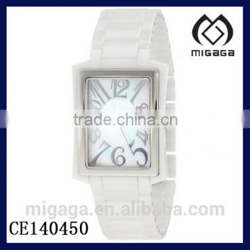 fashionable white ceramic quartz watch*zirconia ceramic mother of pearl dial rectangle watch